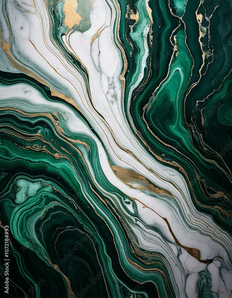 Fototapeta premium Forest Green and Silvery White Fluid Marble-Inspired Art