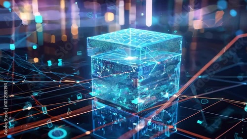 Futuristic digital gift box with glowing lights and technology background