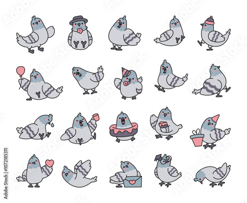 Cute kawaii cartoon pigeon characters with funny expressions in various adorable poses for kids and creative design projects