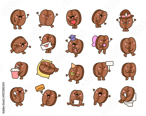 Coffee bean kawaii cartoon character illustrations with cute expressions and fun activities for design and creative projects