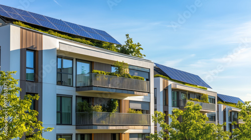 Contemporary apartment buildings with solar panels on rooftops and lush greenery on balconies, under a clear blue sky