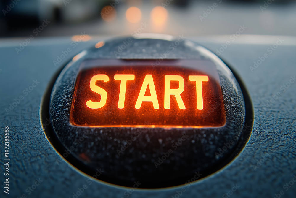 Obraz premium Engine start button glowing brightly on an isolated background for clear focus