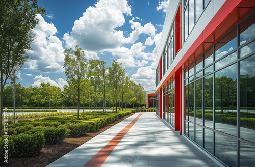 Contemporary building featuring a reflective glass facade, vibrant red accents, and a landscaped walkway surrounded by trees and shrubs