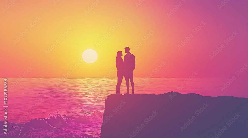 Romantic Couple Standing at the Edge of a Cliff Watching the Sunset Over the Ocean, Bathed in Vibrant Colors and Serenity, Perfect for Love and Travel Themes Romantic Couple Standing at the Edge of a Cliff Watching the Sunset Over the Ocean, Bathed in Vibrant Colors and Serenity, Perfect for Love and Travel Themes