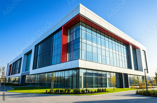 A sleek office building featuring a large glass facade, bold red accents, and manicured landscaping under a clear blue sky