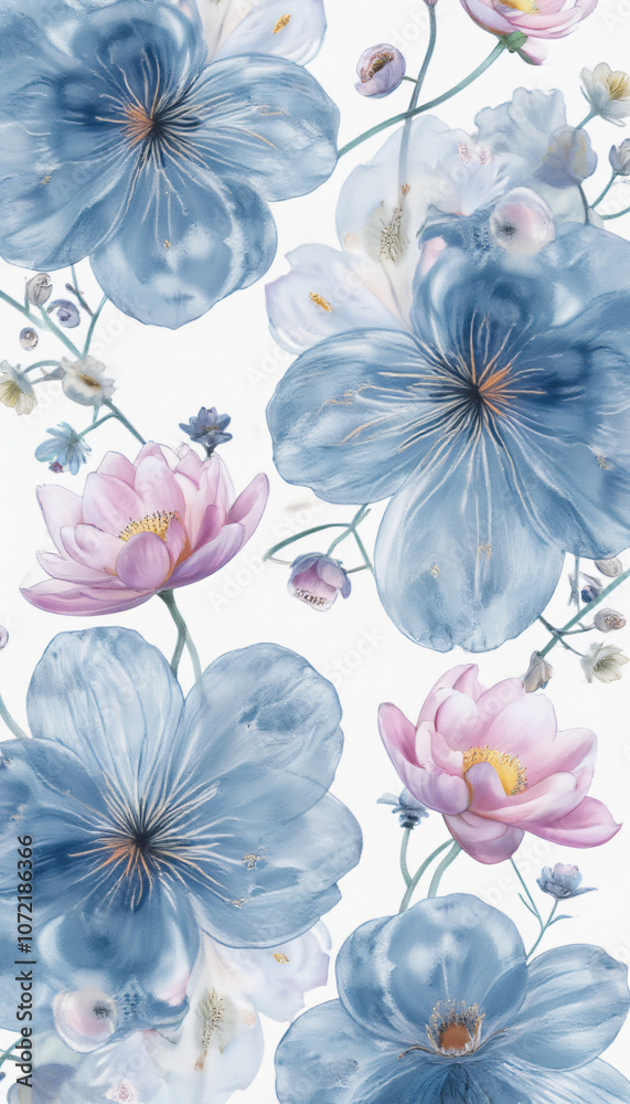 Large blue hibiscus flowers with delicate pink accents in a botanical pattern Large blue hibiscus flowers with delicate pink accents in a botanical pattern