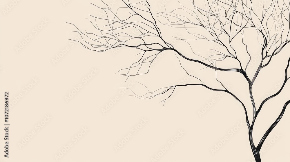 Fototapeta premium Single-line drawing of a tree with a focus on clean, simple branches against a light beige backdrop.
