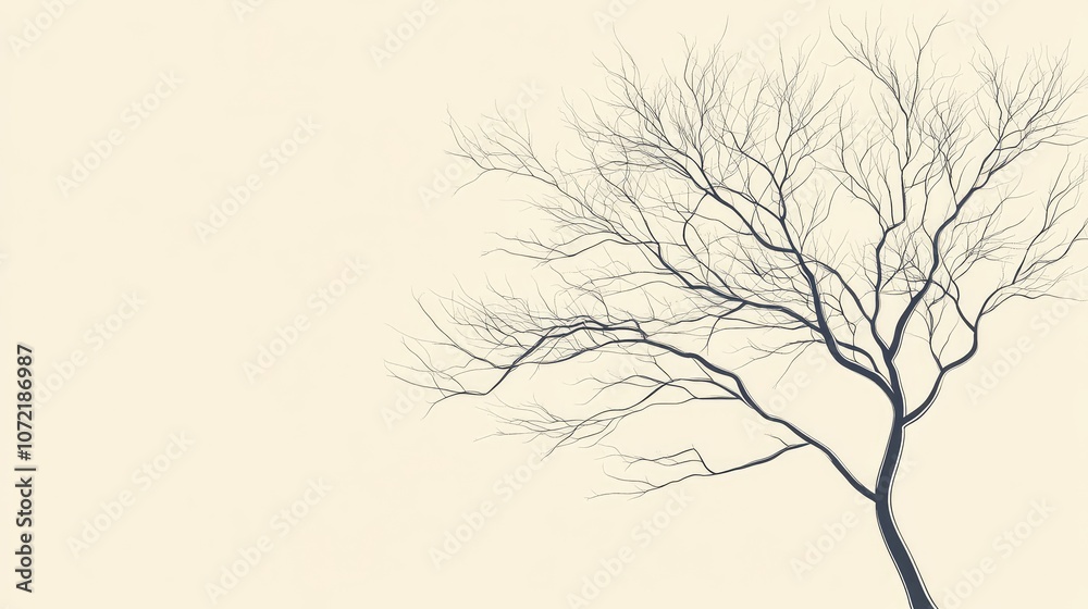 Fototapeta premium Single-line drawing of a tree with a focus on clean, simple branches against a light beige backdrop.