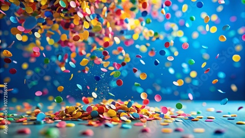 Colorful Confetti Falling Against a Bright Blue Background in a Tilt-Shift Style for Celebratory Themes and Festive Events, Perfect for Digital Designs and Party Invitations