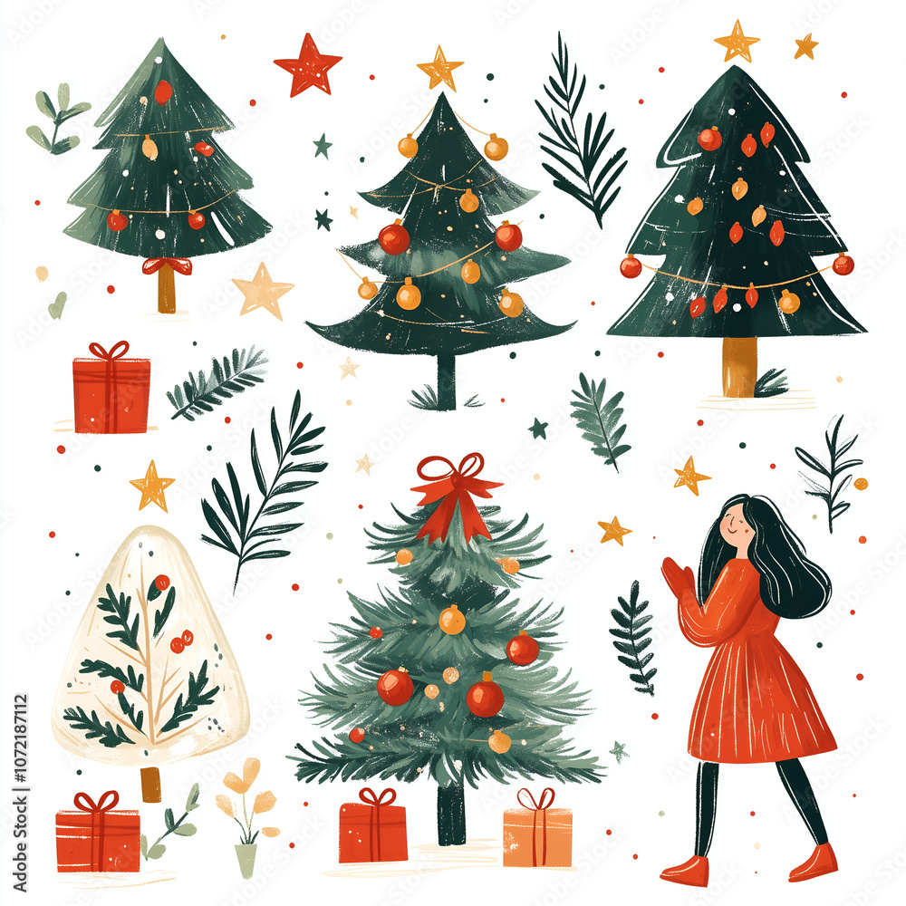 set of Christmas tree illustrations with different postures, decorated in green and red colors, surrounded by gifts, stars and decorations, flat design style, white background