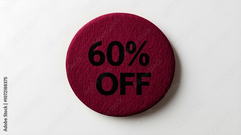 Black '60% OFF' Text on a Burgundy Round Paper Note. White Background with Copy Space Black '60% OFF' Text on a Burgundy Round Paper Note. White Background with Copy Space