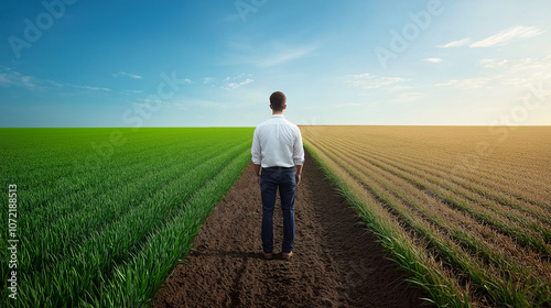 farmer standing in empty field, contemplating lush green crops on one side and dry, barren land on other. contrast symbolizes hope and struggle