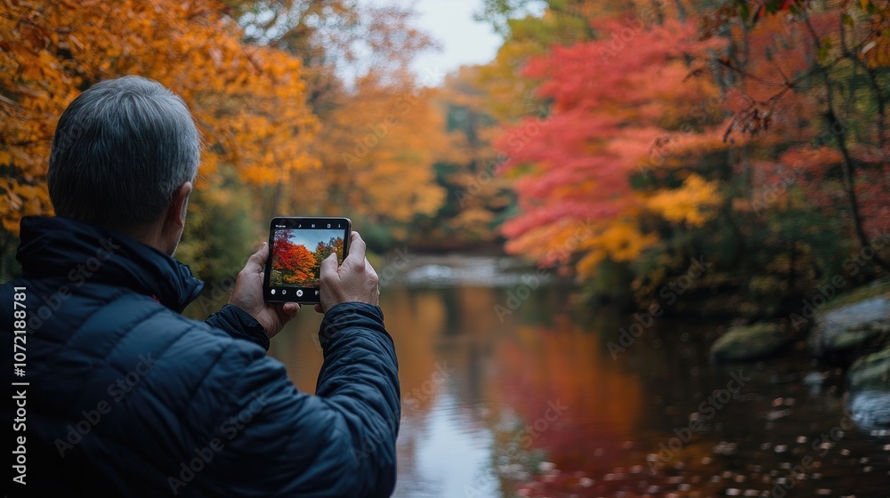 Fototapeta premium A man photographs the vibrant fall foliage reflected in a calm river.