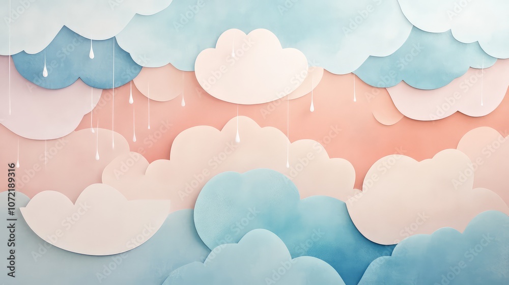 Obraz premium Abstract cloud and raindrop shapes in pastel tones, creating a calming weather scene.