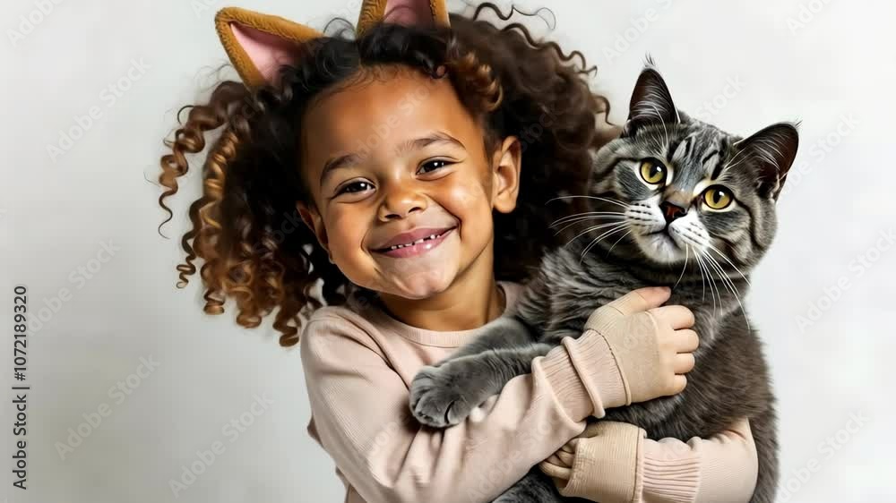 portrait child girl in cat mask hugging fluffy cat on solid white background, animal friends, quadrober, quadrobics furry terrians subculture imitation of animal actions. portrait child girl in cat mask hugging fluffy cat on solid white background, animal friends, quadrober, quadrobics furry terrians subculture imitation of animal actions.