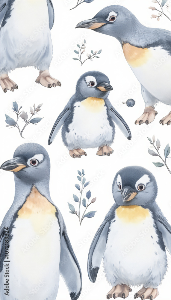 Obraz premium Penguins in a playful arrangement with botanical elements