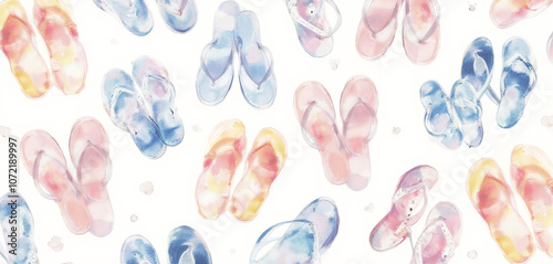 Watercolor flip-flops with vibrant pastel tones in a playful artistic design