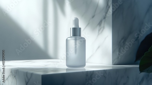 Minimalistic skincare dropper bottle in frosted glass on a white marble surface, no labels visible.