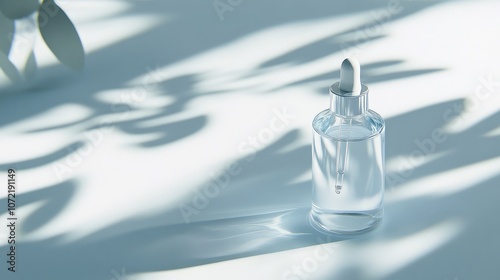 Simple glass serum bottle with dropper, resting on a smooth white surface, surrounded by gentle shadows.