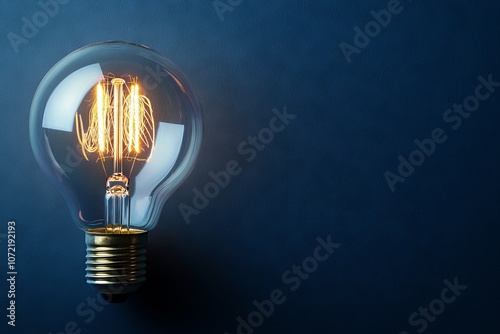 Illuminated Light Bulb Against Dark Blue Background Showing Filament Glow