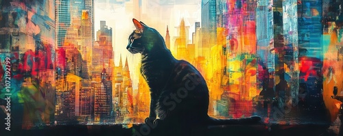 Cat silhouette, skyscrapers and vibrant graffiti, double exposure, urban art, colorful city life