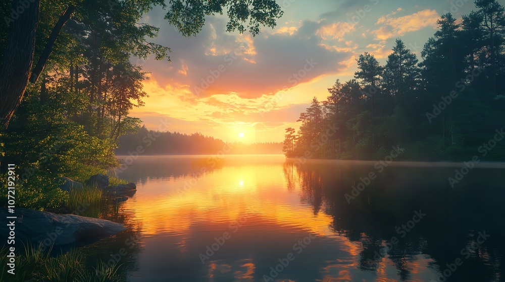 A Calm Lake Reflecting the Colors of Sunset A Calm Lake Reflecting the Colors of Sunset