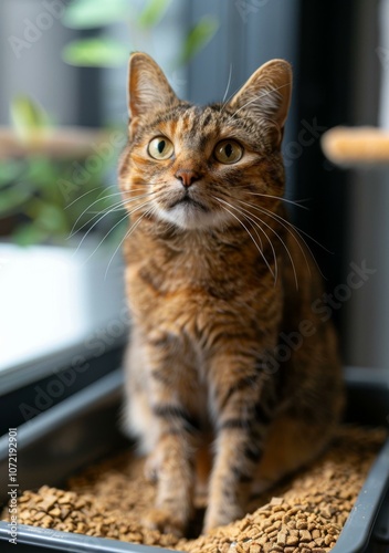 A ginger cat sitting in a litter box looking up