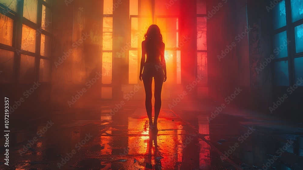 Woman standing strong against a dark shadow, background glowing with empowering, positive hues Woman standing strong against a dark shadow, background glowing with empowering, positive hues