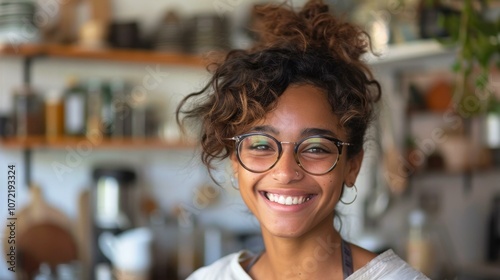 Portrait of a young woman smiling in a kitchen photo