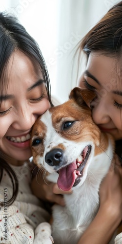 Two Asian women hugging a dog photo