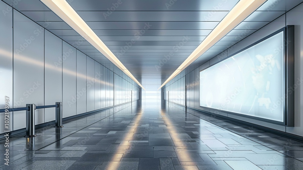 Futuristic empty corridor interior with bright lights Futuristic empty corridor interior with bright lights