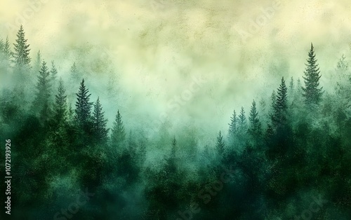 A serene, misty landscape featuring tall evergreen trees enveloped in a soft fog, creating a tranquil and mysterious atmosphere in the forest.