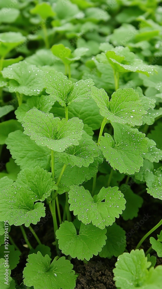 Lush green plants with droplets, indicating freshness and vitality in a natural setting. Lush green plants with droplets, indicating freshness and vitality in a natural setting.