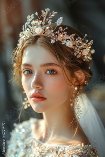 portrait of a beautiful young woman wearing a golden wedding crown