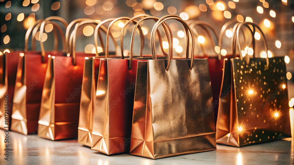Glowing Red and Gold Shopping Bags on Lacquered Black Background. Perfect for: Holiday Sales, Black Friday Glowing Red and Gold Shopping Bags on Lacquered Black Background. Perfect for: Holiday Sales, Black Friday