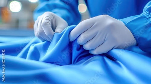 Close-Up of Medical Professional's Hands Adjusting Soft Blue Fabric in a Brightly Lit Environment, Symbolizing Care and Attention to Detail in Healthcare Settings