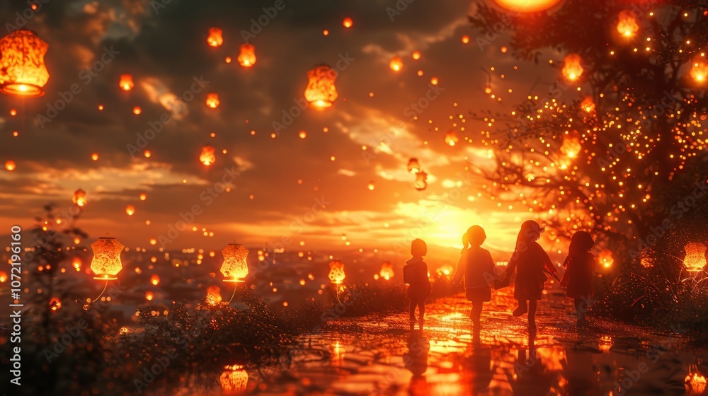 Showing a group of children with lanterns during a St. Martina Day evening, background in soft, warm hues Showing a group of children with lanterns during a St. Martina Day evening, background in soft, warm hues