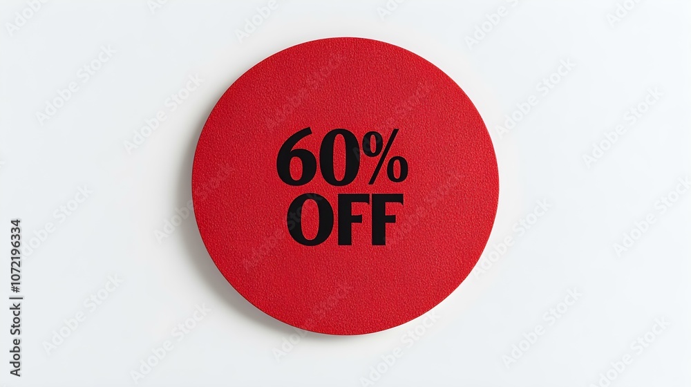 Black '60% OFF' Text on a Dark Red Round Paper Note. White Background with Copy Space Black '60% OFF' Text on a Dark Red Round Paper Note. White Background with Copy Space