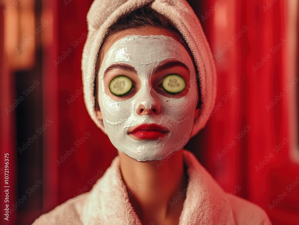 Fototapeta premium woman with facial mask and cucumber slices on eyes