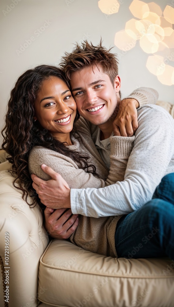 Cheerful beautiful young couple in love hugging relaxing on couch, daydreaming together feel carefree enjoy romantic day Cheerful beautiful young couple in love hugging relaxing on couch, daydreaming together feel carefree enjoy romantic day