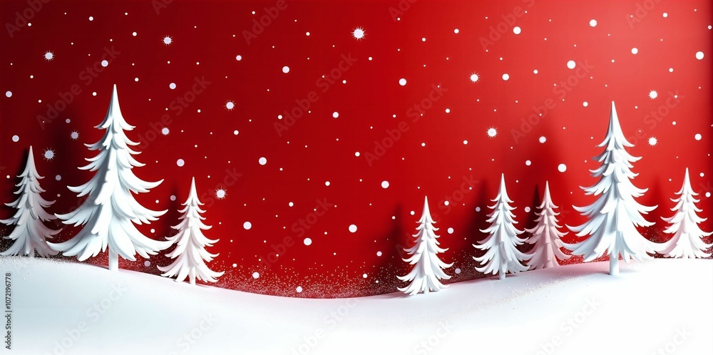 Minimalist Christmas Scene with White Trees and Snowfall on a Red Background