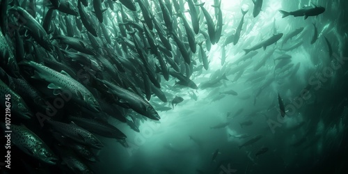 A large school of fish in a net pen