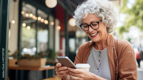Mature older woman walking and smiling while looking at her cellphone