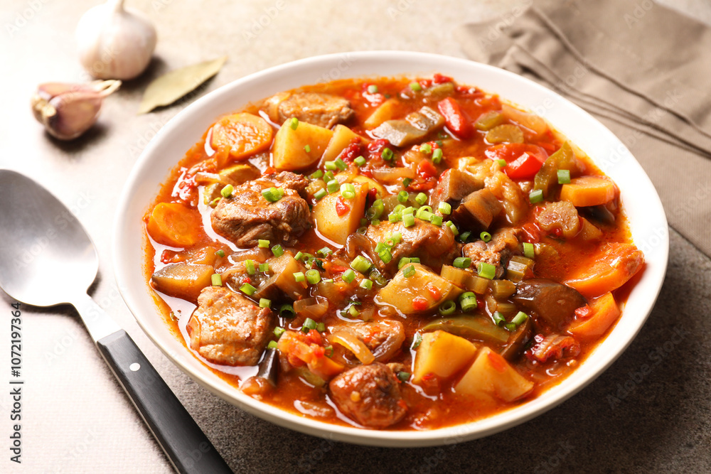 Delicious stew with vegetables in bowl and spoon on light grey table, closeup Delicious stew with vegetables in bowl and spoon on light grey table, closeup