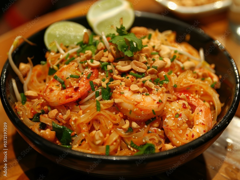Pad Thai with shrimp, peanuts, lime and bean sprouts Pad Thai with shrimp, peanuts, lime and bean sprouts