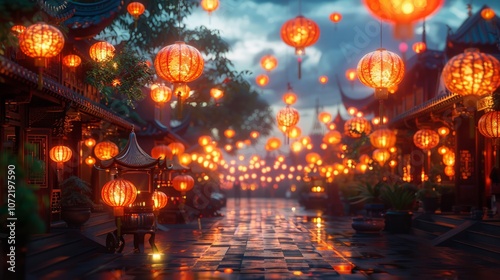 Day procession with illuminated lanterns and traditional floats, background in vibrant hues