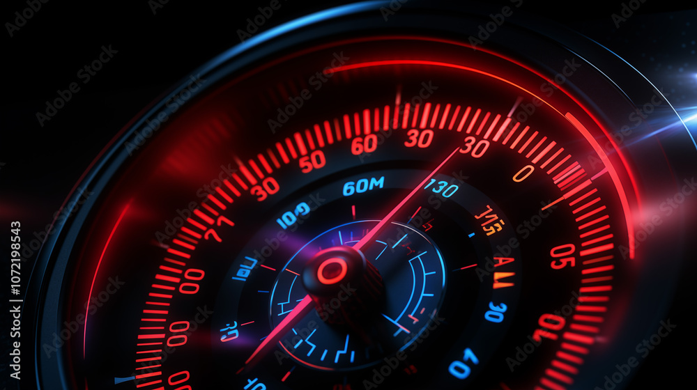 The intensity of a neon tachometer, captured up close with a luminous arrow. Neon tachometer display, close-up with an arrow highlighting speed and performance. The intensity of a neon tachometer, captured up close with a luminous arrow. Neon tachometer display, close-up with an arrow highlighting speed and performance.