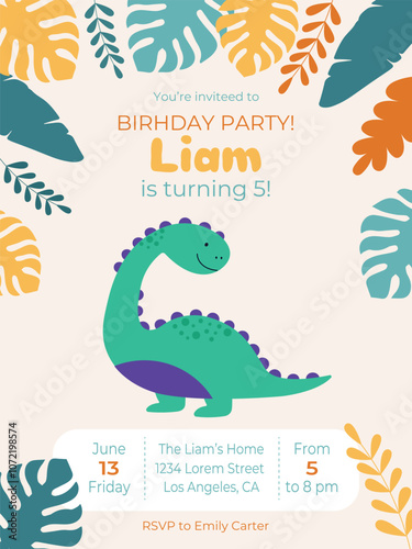 Dinosaur party invitation template for kids vector illustration. Time and address information in cartoon greeting card design for boy. Bright decorations. Child birthday celebration concept
