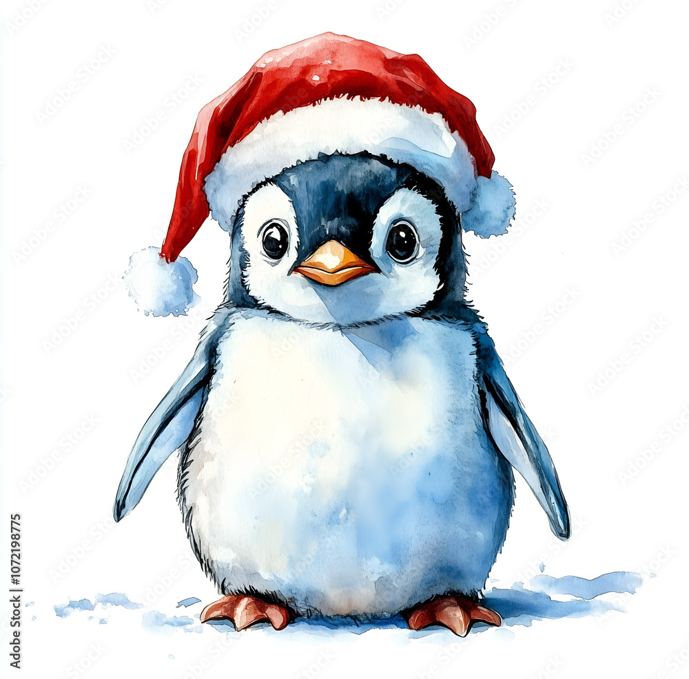 Fototapeta premium Cute Christmas penguin with a Santa hat, watercolor clip art isolated on a white background