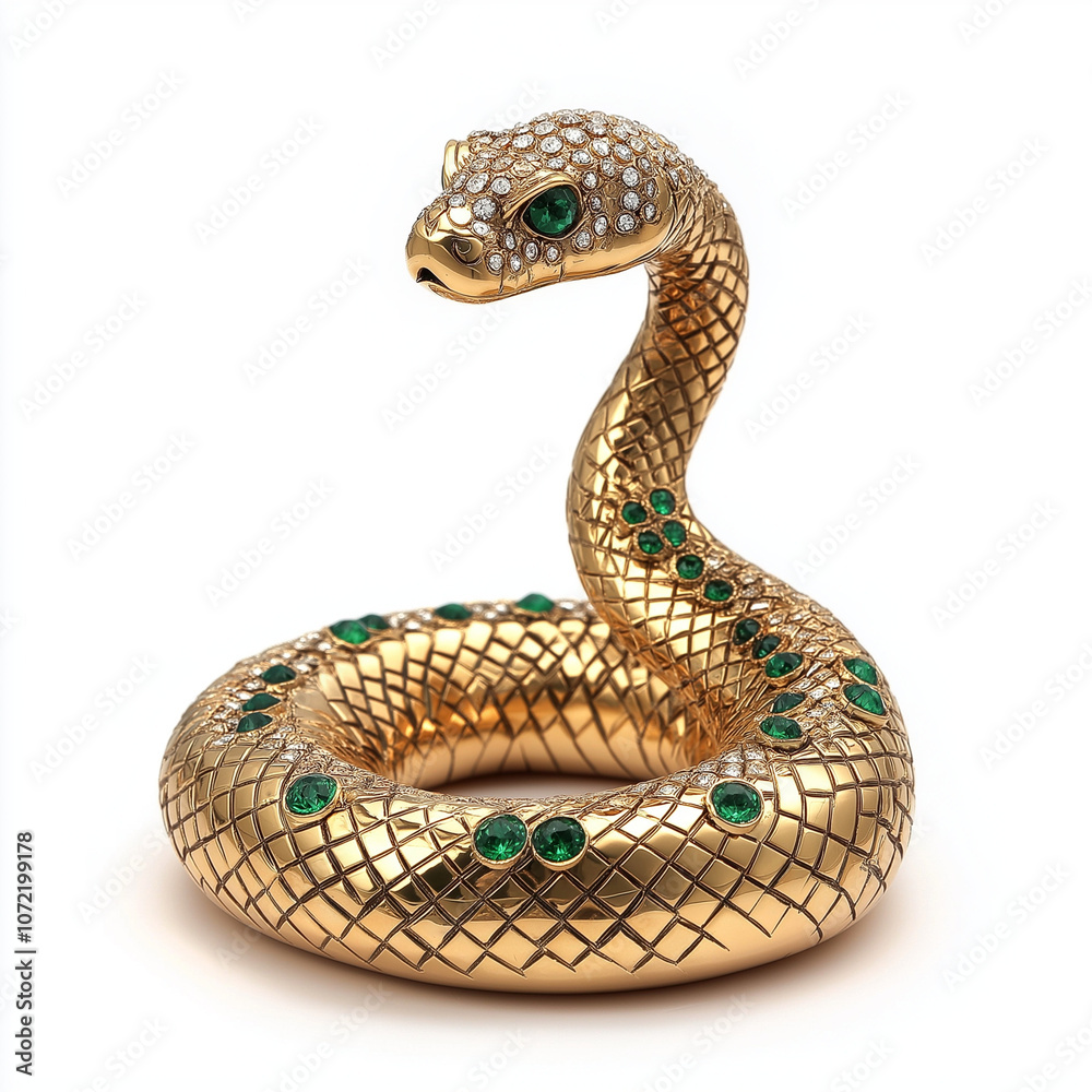 a snake made of gold, decorated with green emeralds on a white background